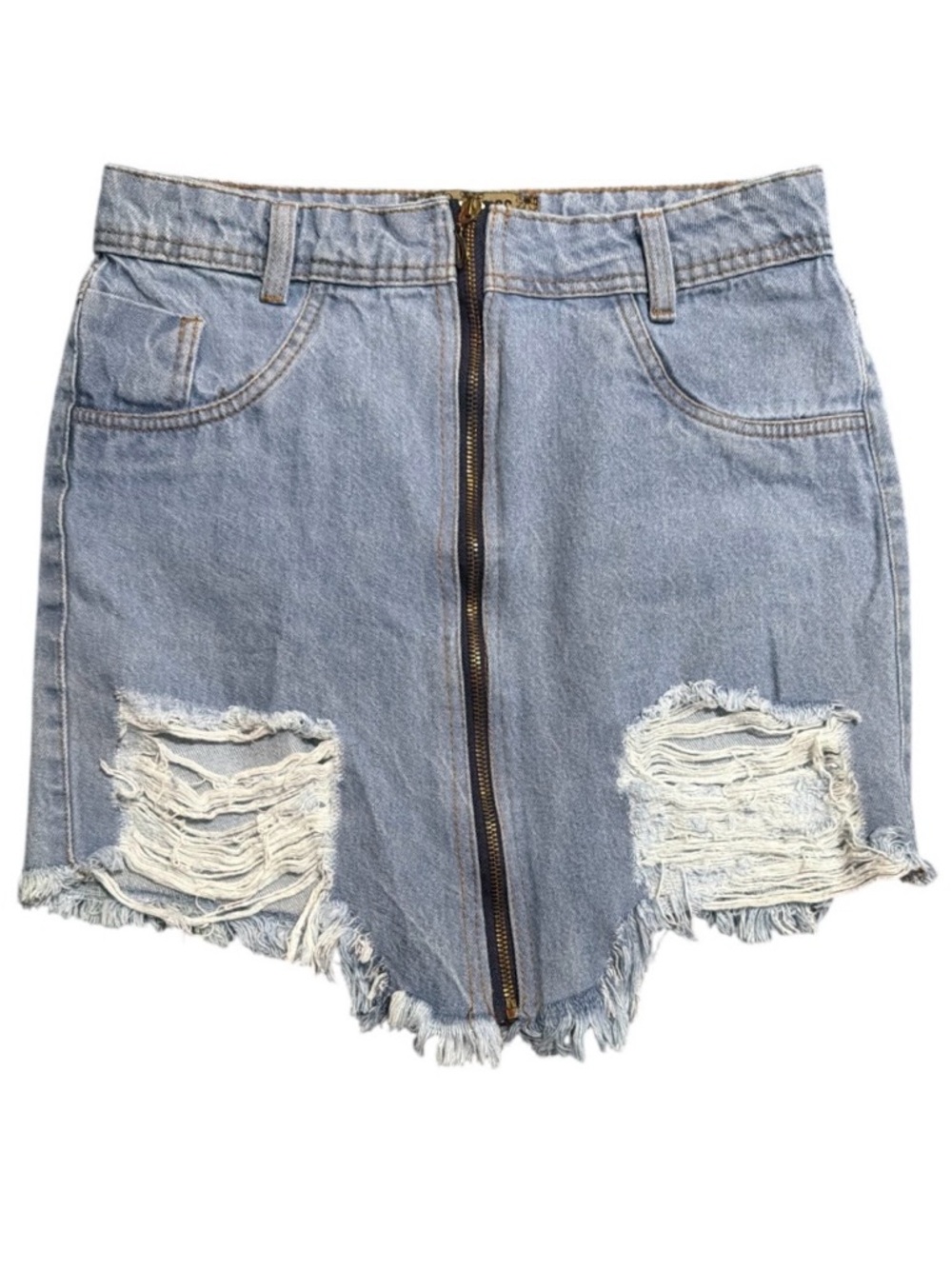 Leon Light Blue Distressed Denim Mini Skirt with Front Zip Brazilian Designer
